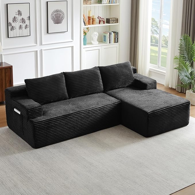 Modern Corduroy Modular Sectional Sofa96.1 Minimalist Style L-Shaped 3 Seat Couch with Side Storage PocketsComfortable Chaise Lounge for Living RoomReception AreaBlack Right Chaise Lounge