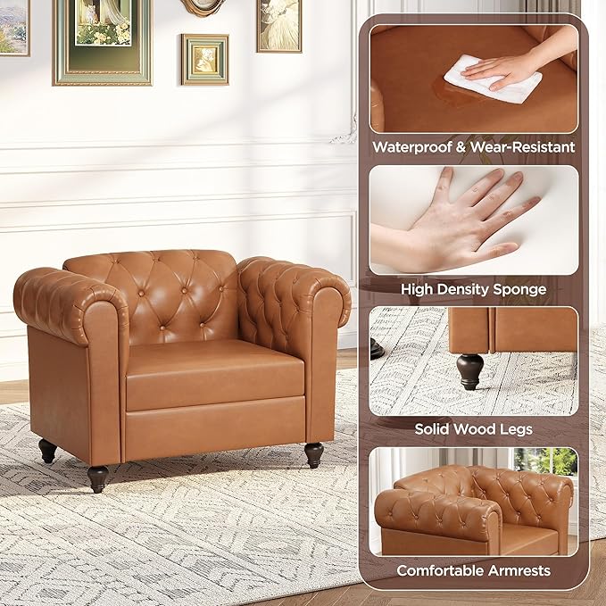 Brown Faux Leather Accent Chairs Button-Tufted Upholstered Club Chair Retro Armchairs Mid Century Modern Accent Chair with Solid Wood Legs Cozy Chesterfield Couch Chairs for Living Room Bedroom