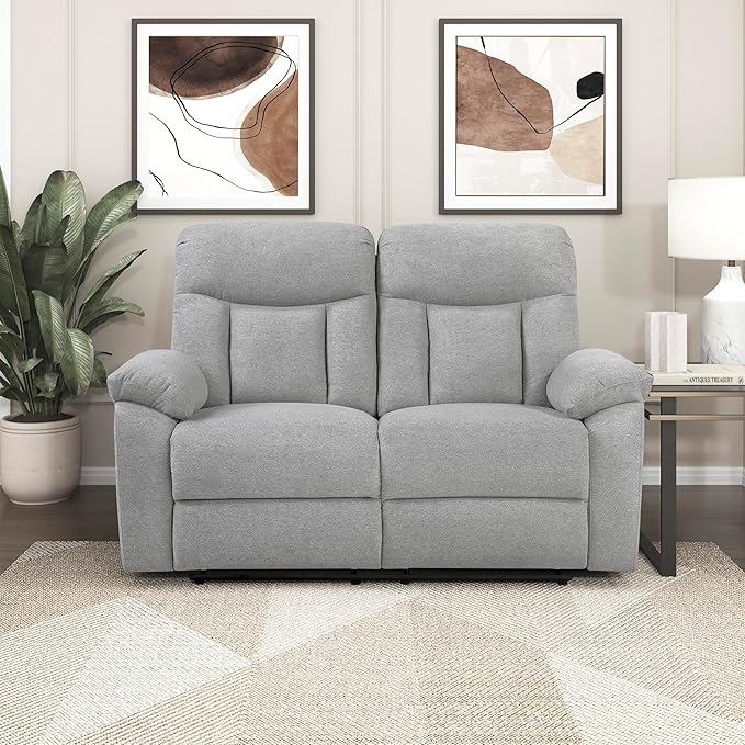 Lexicon Manual Double Recliner Loveseat for Living Room Chenille Fabric Upholstered Reclining Sofa Home Theater Seating Easy Assembly Recliner Love Seat Couch Gray