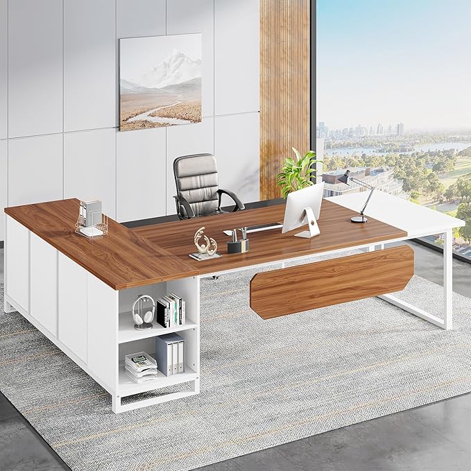 Tribesigns 70.8 L-Shaped Executive Desk with 55 File Cabinet Large Home Office Computer Desk with Storage Shelves and Cabinet Modern Business Furniture Set Home Office Walnut White