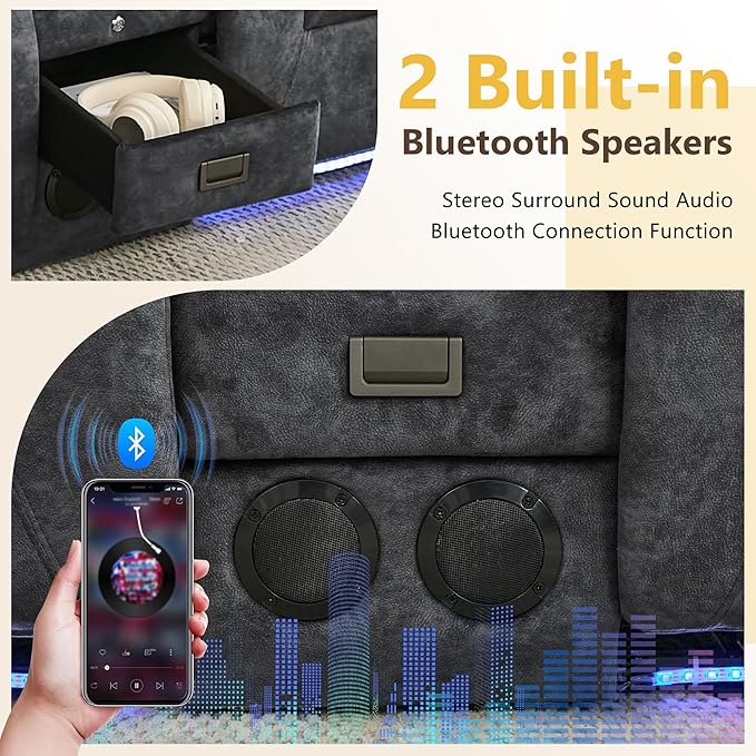 URRED Power Loveseat Recliner Sofa with Flipped Backrest Console Wall Hugger RV Reclining Loveseat Sofa Couch with LED Light/Bluetooth Speakers/USB/Outlets/Cup Holders/Pillow/Side Pocket Grey