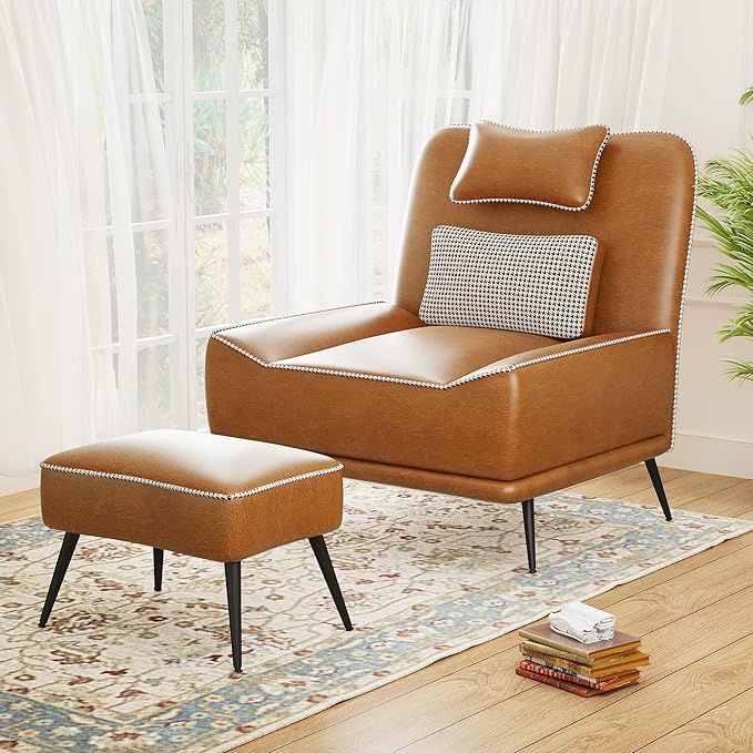 ALISH Modern Accent Chair with Ottoman Upholstered Chair and Ottoman Set Comfort Single Sofa Chair with Removeable Cushion for Living Room Bedroom (PU Brown)