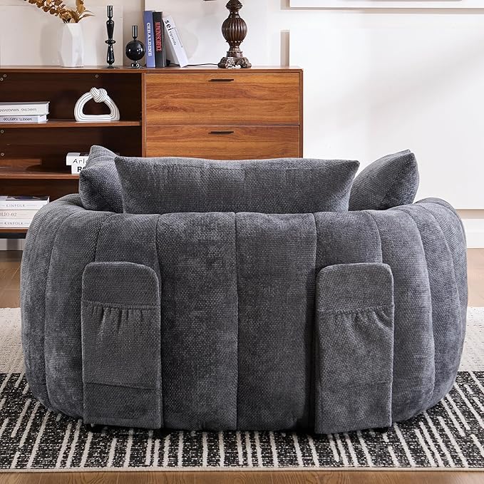 Oversized Chaise Lounge Indoor Deep Seat Boneless Sofa Bed with Throw Pillows Plush Chenille Fabric No Assembly Required Comfy Sleeper Sofa for Living Room Bedroom (Grey with Pocket)