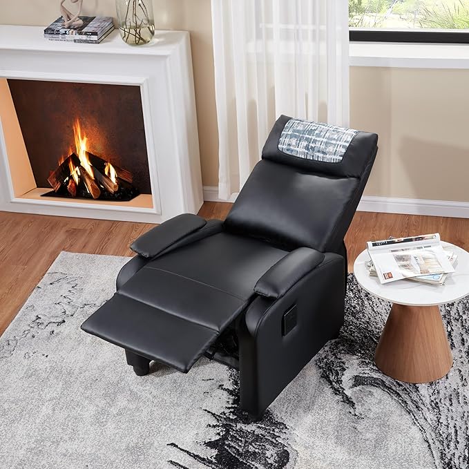 Manual Recliner Chair for Living Room PU Leather Recliner Sofa with Cup Holder &amp Footrest - Ergonomic Design for Adults Seniors Home Theater Relaxation (Black)