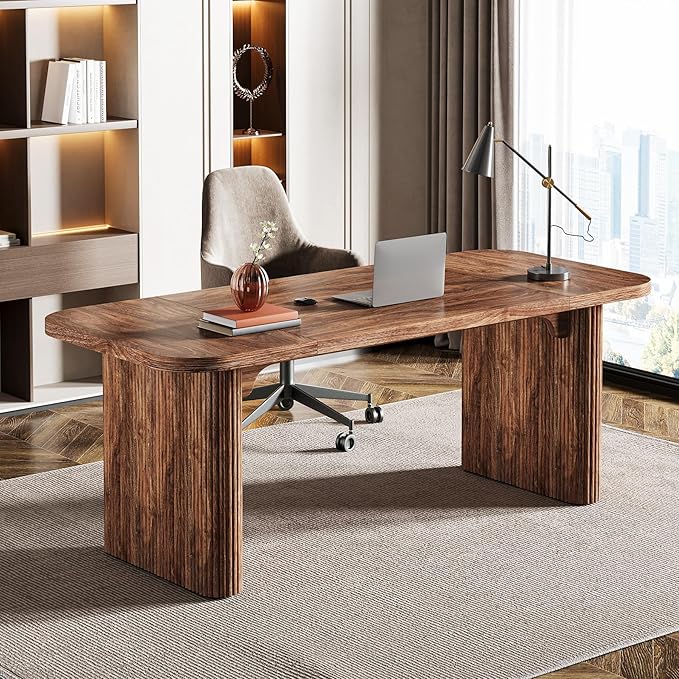Tribesigns 62-Inch Modern Executive Desk Wood Office Desk Large Aesthetic Computer Desk with Double Pedestal Workstation for Home Office (Brown)