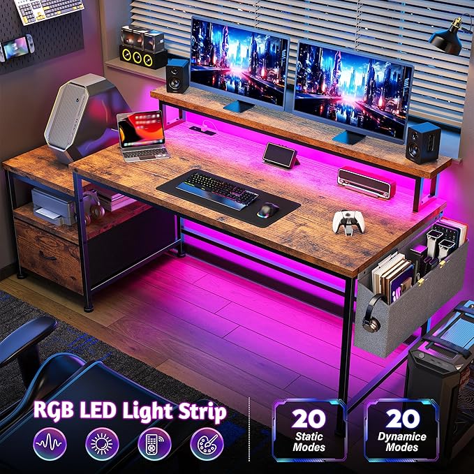 Computer Desk with Monitor StandOffice Desk with LED Lights &ampPower OutletsGaming Desk with Drawers &amp Printer ShelfWriting Table with Side Storage Bag57 W x 20 D x 36 HRustic Brown
