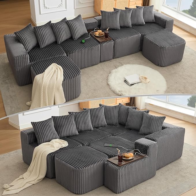 KEIKI 137.5 U-Shaped Sectional Sofa Large 6-Seater Modular Corduroy Couch with Movable Ottoman Smart USB &amp Wireless Charging Module Cup Holder Coffee Table Ideal for Home Gatherings