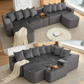 KEIKI 137.5 U-Shaped Sectional Sofa Large 6-Seater Modular Corduroy Couch with Movable Ottoman Smart USB &amp Wireless Charging Module Cup Holder Coffee Table Ideal for Home Gatherings