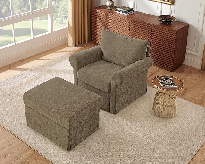 Modern Accent Chairs with Ottoman Set Comfy Chenille Reading Armchair with Rolled Arms and Cushion Backrest 35.8 W Chaise Lounge Chair for Living Room Bedroom Study Apartment Brown