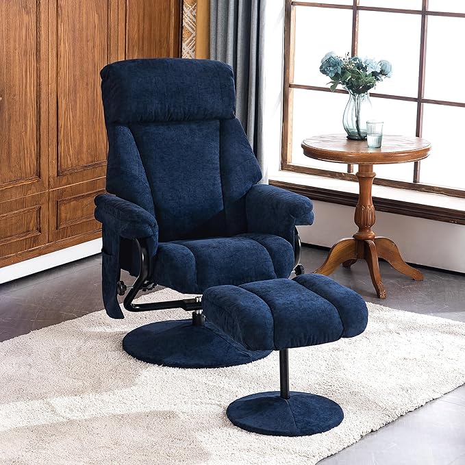 MCombo Swivel Recliner with Ottoman TV Chair with Vibration Massage Ideal for RV Small Space Living Room &amp Bedroom 4828 (Textile Blue)