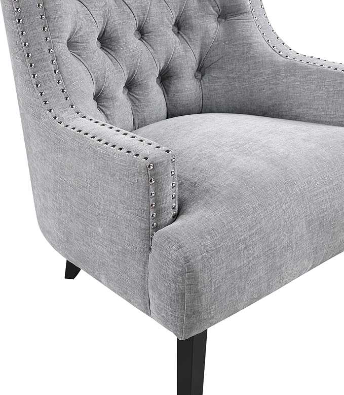 Modern Traditional Chair with Gray Chenille Upholstery and Button-Tufted Design Solid Wood Frame for Living Room Style