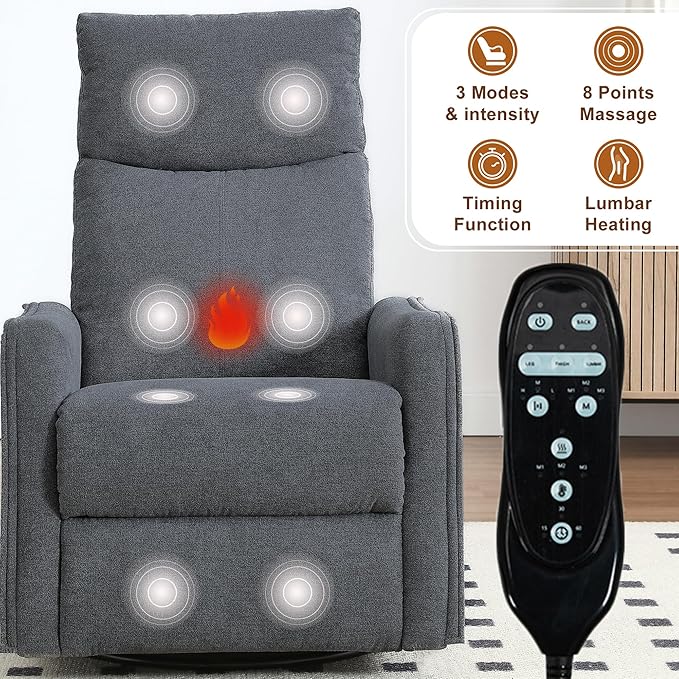 cinkehome Swivel Rocker Recliner Glider Rocker Recliner Chair for Nursery Manual Reclining Chair with Heated Massage Small Spaces Living Room Linen Dark Grey
