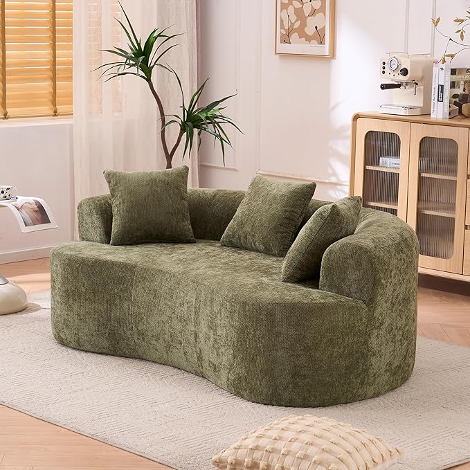 KEIKI 79 Curved Deep-Seat Sofa for Bedroom Lounge Modern Low-Back 3-Seater with Self-Inflating Foam No-Assembly Chenille Couch Ideal for Relaxing Reading and Cozy Corners