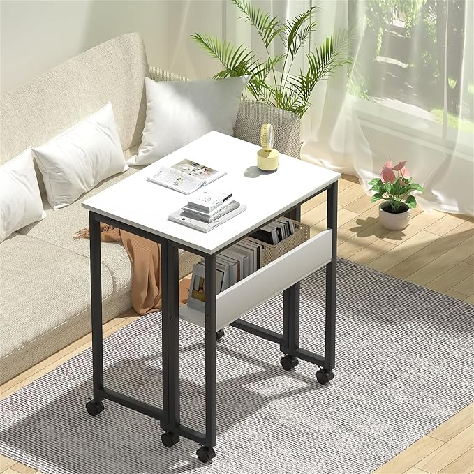 GreenForest Folding Desk Small Rolling Desk with Storage Shelf 24.8 inch Foldable Computer Desk with Wheels for Small Space Easy AssemblyWhite
