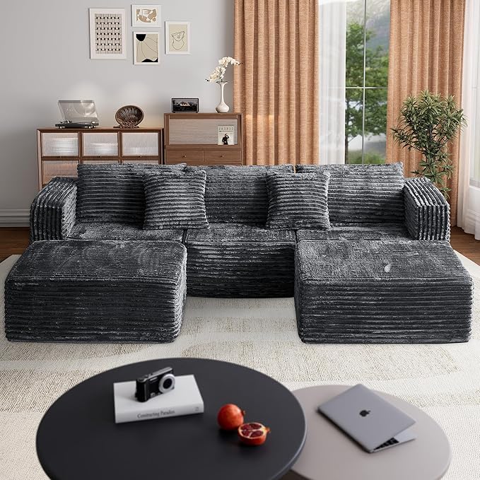 110 Corduroy Modular Sectional Boneless Sofa with 2 Ottomans Convertible Cloud Couch with Deep Seats Fluffy Memory Foam U Shaped Couch for Living Room No Assembly Required (Gray)