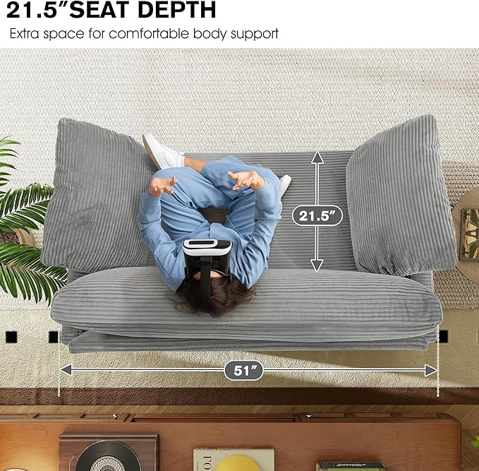 51 Loveseat Sleeper Sofa Bed Corduroy Convertible Floor Sofa Bed for Small Spaces Folding Couch Bed with Deep Seat 2 Pillows &amp Solid Frame Pull Out Floor Couch for Living Room Grey