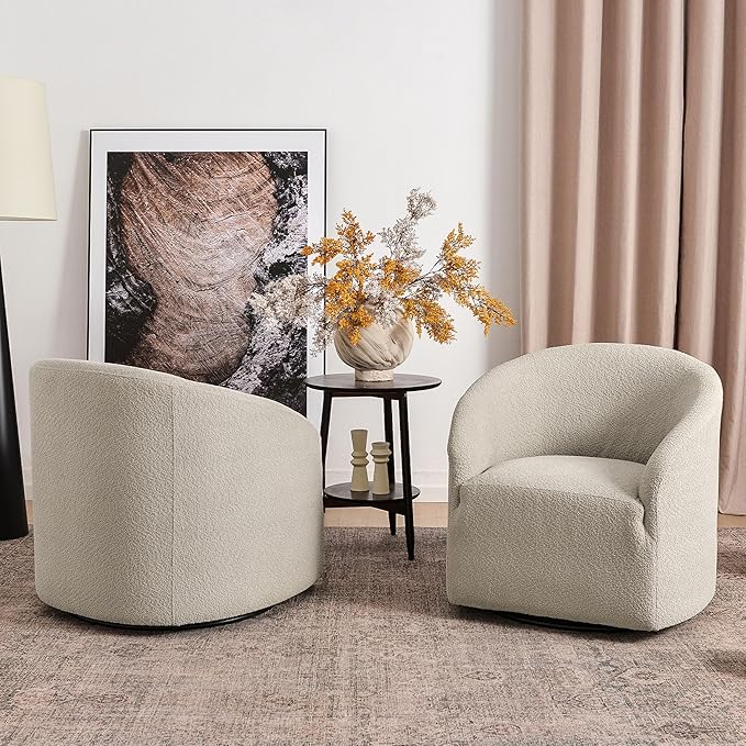 KINWELL 32 Wide Modern Boucle Swivel Barrel Chairs Set of 2 No Assembly Round Upholstered Swivel Accent Armchairs for Living Room Bedroom (Oatmeal)