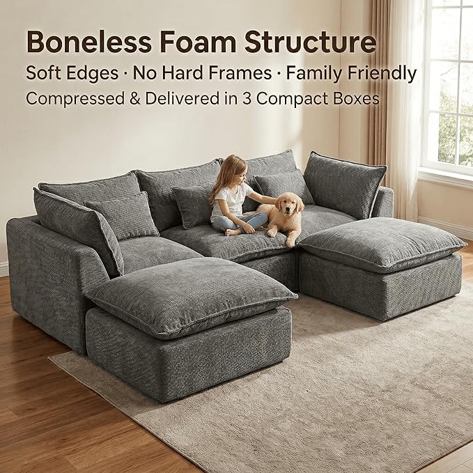 130 Oversized Cloud Sectional Sofa U Shaped Boneless 4-Seater Modular Couch with Ottoman Extra Deep Seat Compressed Foam Sofa for Living Room Gray