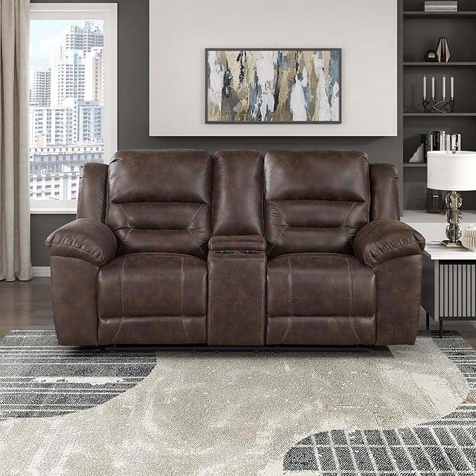 Lexicon Double Recliner Loveseat with Center Console Wall Hugger Manual Reclining Couch Textured Microfiber Upholstered Dual Reclining Love Seat Home Theater Seating Required Assembly Dark Brown