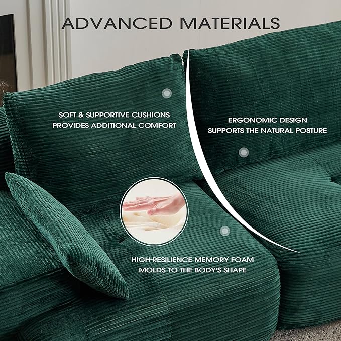 Round 84 Loveseat Sectional Sofa Cloud Couch with Armrests for Small Spaces Corduroy Fabric Green