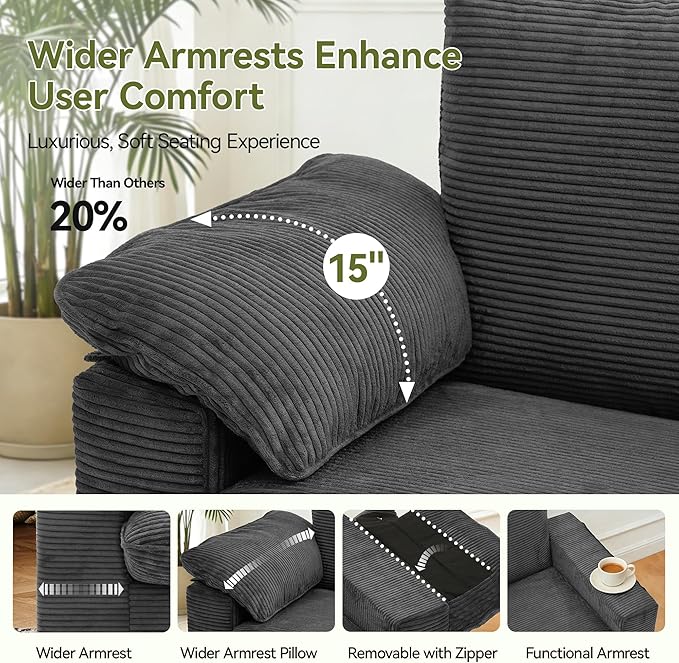 86 Loveseat Sofa Grey Corduroy CouchModern Cloud Sofa Love Seat Deep Seat Slipcovered Sofa with 2 Wide Armrest Pillows for Small Spaces Apartment Studio Office Bedroom Living Room