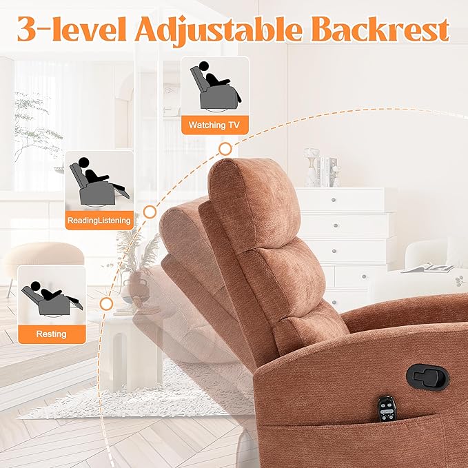 Luxlen Manual Swivel Rocker Recliner Chair with Massage Overstuffed Recliner Glider with Vibration Massage and Heat for Nursery Living Room Reclining Sofa Chair Fabric Orange