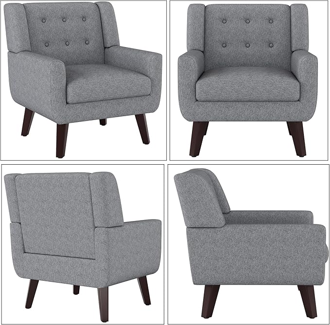 Linen Fabric Living Room Chairs Accent Chair Mid Century Modern Armchair for Living Room Bedroom Button Tufted Upholstered Comfy Reading SofasVanity Chair (1 Dark Grey)