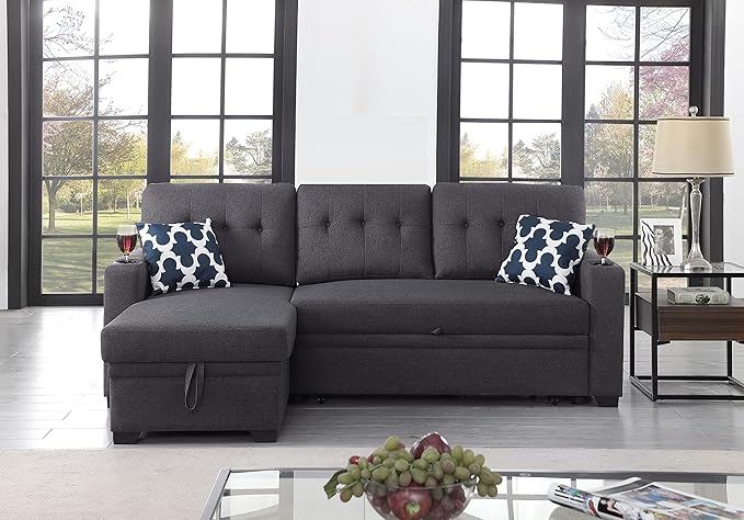 Ball &amp Cast L-Shape Reversible Sectional Sleeper Sofa Bed 4 in 1 Pull Out Couch with Storage Chaise Cupholder Armrests &amp Removable Back Cushions Convertible Sleeper Corner Couch for Living Roo
