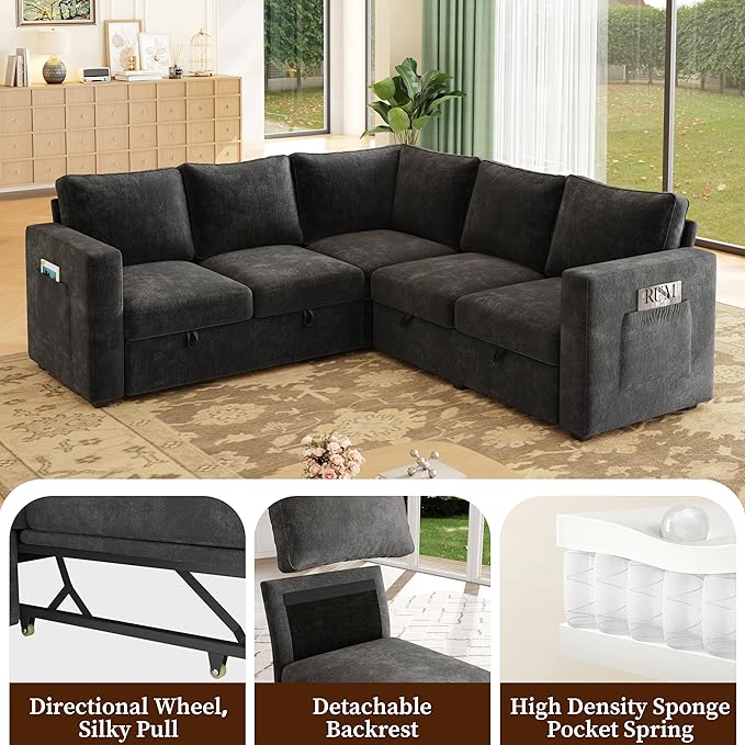 83.5 Sectional Sleeper Sofa with Pull Out Couch Modern 5 Seat L Shaped Modular Couch Sectionals Modular Sofa with Storage Comfy Sectional Couches for Living Room &amp Apartment Dark Gray