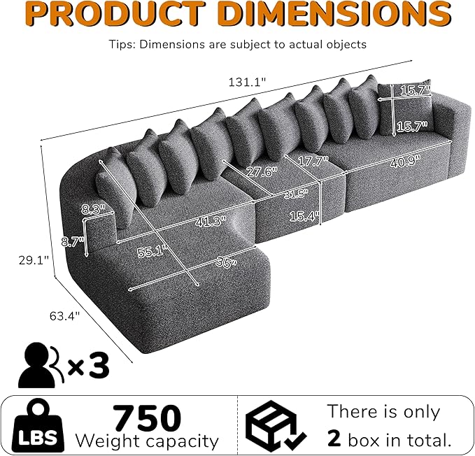 131 Boneless Chenille Sectional L-Shaped Sofa Modern Cloud-Shaped Curved 3-Seater Sofa Includes 10 Pillows Living Room Fabric Corner Couch (Grey 131” Left Chaise)