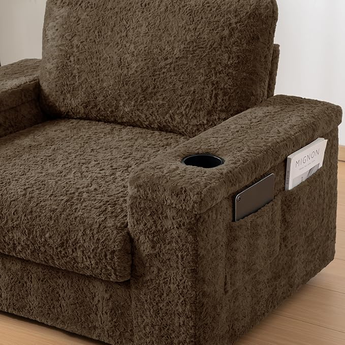 Furniliving 42‘’ Oversized Chair with Storage Ottoman Luxury Faux Rabbit Fur Single Sofa Couch with Cup Holder and Side Pockets Upholstered Chaise Lounge for Living Room Apartment Brown