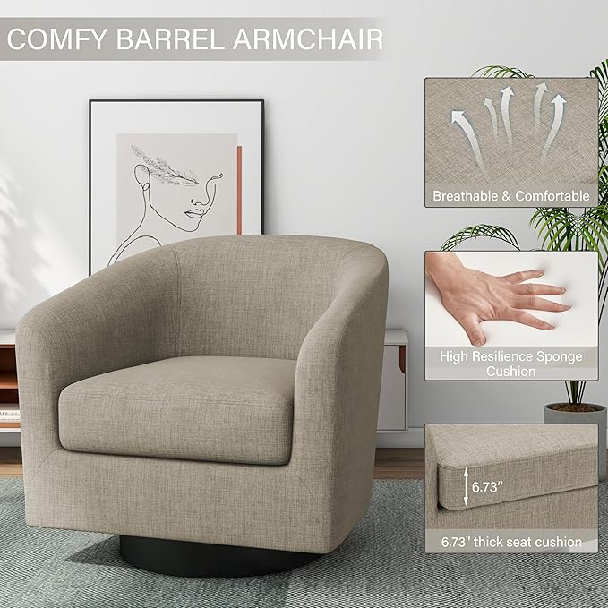 Pia Ricco Swivel Barrel Accent Chairs Set of 2 360° Swivel Round Sofa Chair Comfy Upholstered Fabric Single Sofa Club Armchair for Living Room/Reading Room/Bedroom Light Brown