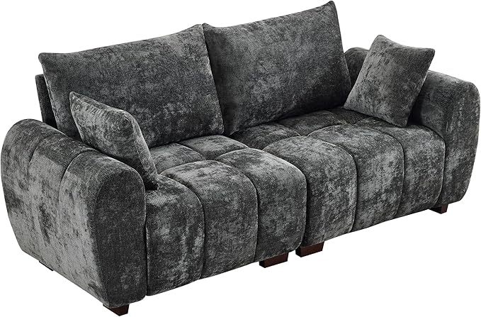 81.5 Chenille Love Seat Sofa 2 Seater Modular Sectional Couch with Deep Seat Solid Wood Legs Cloud Couch for Bedroom Living Room Mid Century Modern Loveseat Tufted Sofa Grey