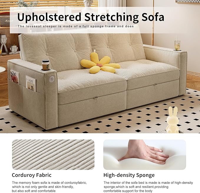 Queen Sofa BedConvertible Loveseat Sleeper SofasCouch with Pull Out BedPullout Couch Bed for Small SpaceQueen Sleeper Sofa Couches for Living RoomApartment &amp Guest Room Beige | USB Port Cup