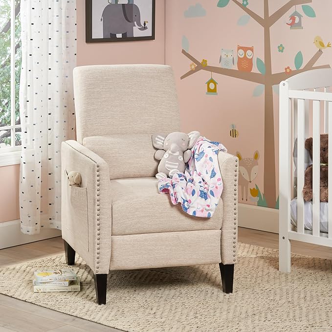 KEIKI Push Back Chair Living Room Chaise Lounge Single Sofa Upholstered Armchair with Wooden Legs and Nailhead Trim