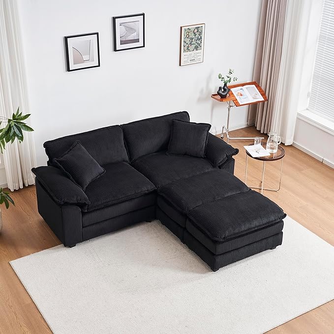 Oversized Chaise Lounge Chair Indoor with Ottoman 80.5W Corduroy Upholstered Modern Loveseat Sofa Deep Seat Modular Sectional Cloud Couch Sofa Comfy Reclining Sleeper Chair for Living Room Black
