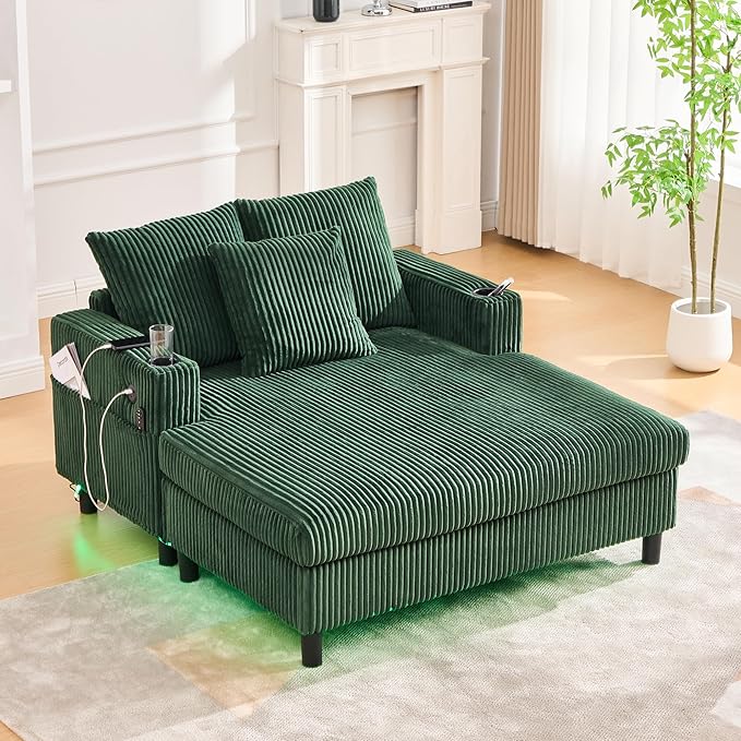 SLEERWAY Modern Corduroy Chaise Lounge Sofa Indoor - 55.9 Comfy Oversized Couch Bed with USB Ports Cup Holder Side Pocket Lights 3 Throw Pillows Lazy Recliner Chairs Living Room (Emerald Green)