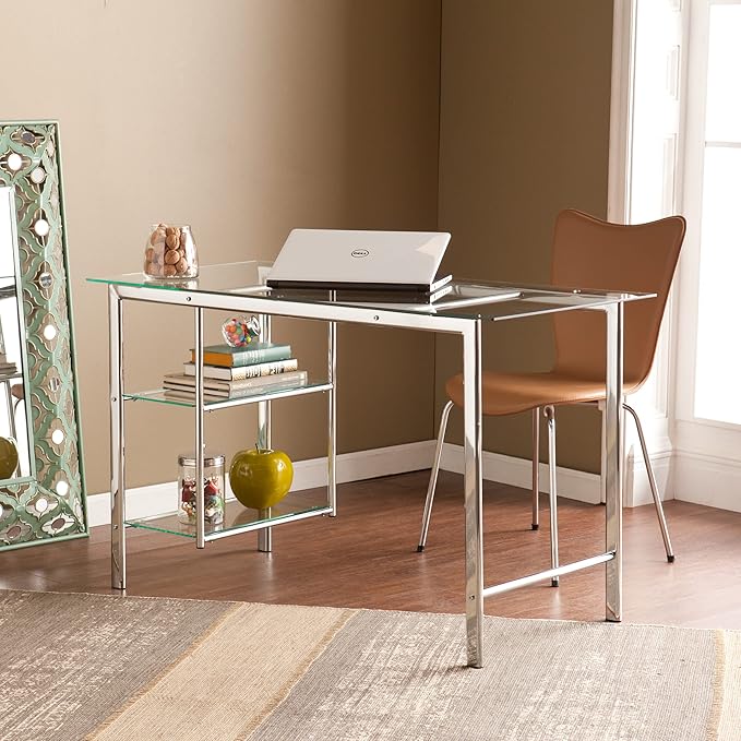 SEI Furniture Oslo Glass Writing Desk 47 Wide - Two Fixed Shelves w/Broad Glass Tabletop Chrome (AMZ9258OH)