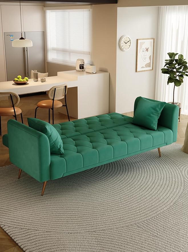 71 Convertible Velvet Futon Sofa Bed Loveseat with Multiple Adjustable BackrestsModern Sleeper Couch with Golden Metal Legs for Living RoomApartmentOfficeGreen