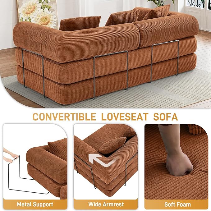 Convertible Sofa Bed Corduroy Memory Foam Compression Sofa Modular Floor Sofa with Pull-Out Bed Compressed Couch in Box Folding Sleeper Couches Bed for Living Room Bedroom Lounge Orange