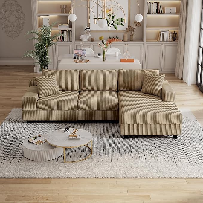 ERYE L-Shaped Reversible Chaise Sectional Sofa Corduroy Upholstered Corner Tufted Sofa Couch with Reversible Chaise LoungeHeadrestsRemovable Armrests and 2 Pillows
