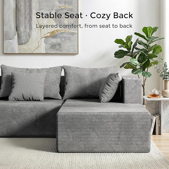 WELAX 104 Modular Sectional Couches for Living Room Boneless Couch L-Shape with Cup Holders &amp Pillows Modern Corduroy Cloud Sofa 4 Seater Home Comfy Sofas for Bedroom Grey
