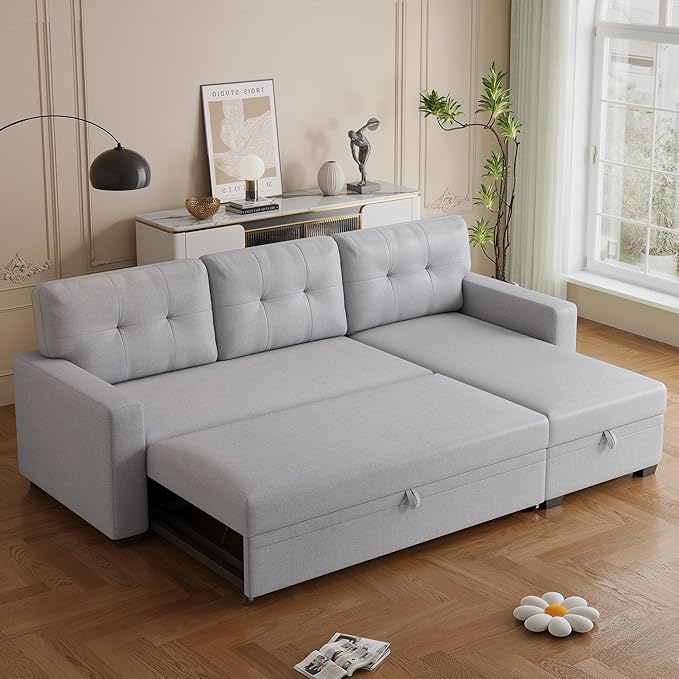 Ball &amp Cast L-Shape Convertible Sectional Sleeper Sofa Bed 4 in 1 Pull Out Couch with Reversible Storage Chaise &amp Removable Back CushionsSleeper Corner Couch Pull Out Sofa Bed for Living Room