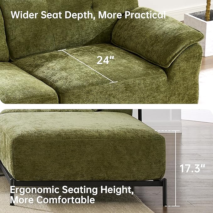 VKNOW 106 Couches for Living Room Modular Sectional Sofa with Wide Armrests and Solid Iron Frame Compressed Couch for Living RoomOfficeChenille FabricGreen