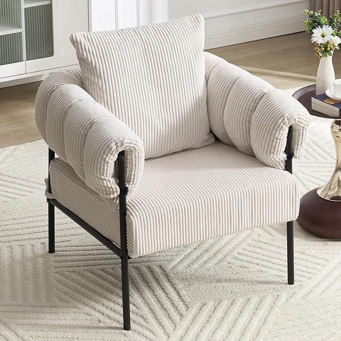Modern Velvet Accent Chairs Set of 1 Comfy Large Living Room Sofa Chair Upholstered Fabric Armchair with Pillow and Metal Legs for Office/Bedroom/Reading Beige