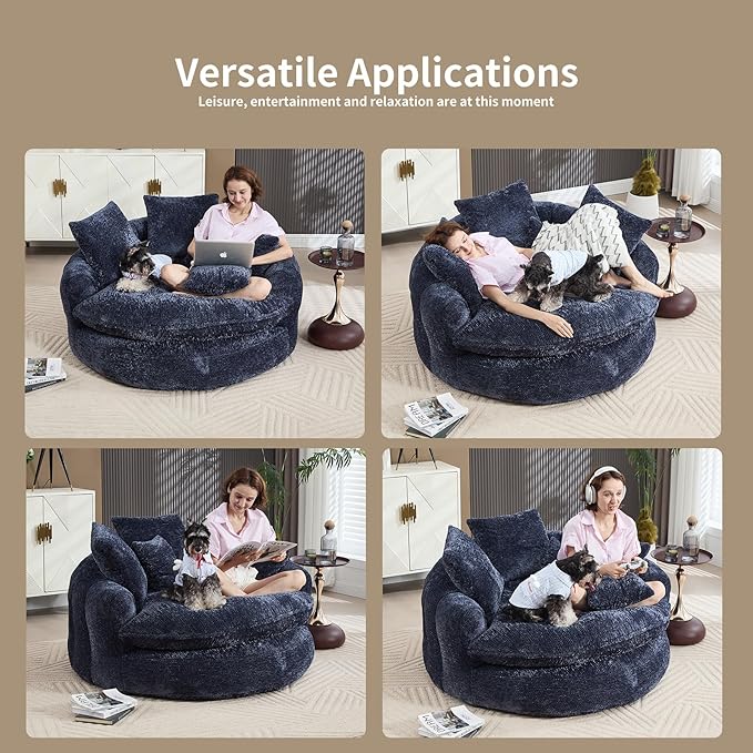 55 inch Oversized Round Chair Fluffy Chenille Boneless Sofa with Extra Deep Seat for Living Room Lounge (Blue)