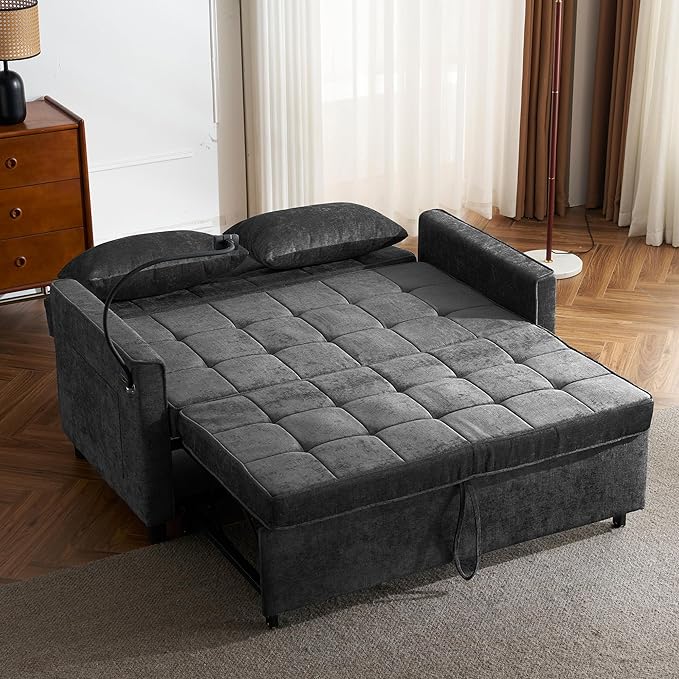 Merax Pull-Out Sleeper Sofa Bed with Reversible Backrest and Two Throw Pillows 3 in 1 Foton Couch with USB Ports &amp Phone Holder Chenille Loveseat for Living Room Black
