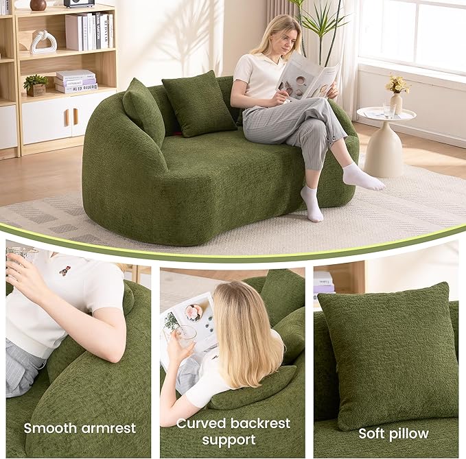 65.75 Curved Loveseat SofaBoneless Loveseat Couch11.02 Raised BackrestDeep SeatWood Grain Chenille Fabric Curved Sofa Couch for Small Spaces (Green65.75)