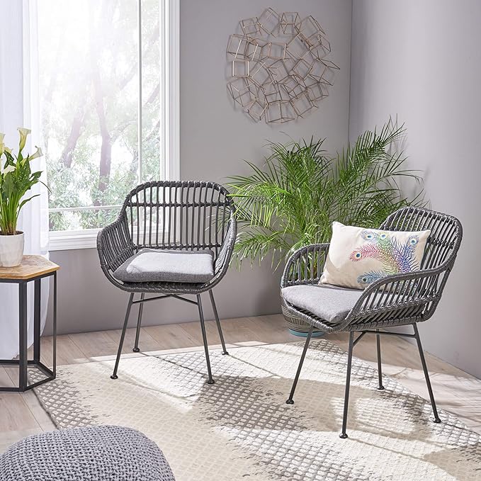 Christopher Knight Home Rodney Indoor Woven Faux Rattan Chairs with Cushions (Set of 2) Dark Gray Finish