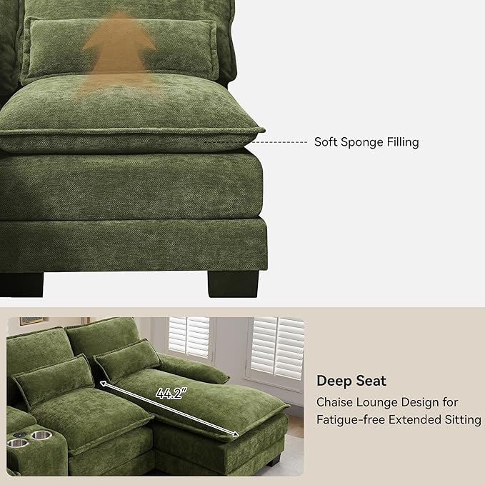 U Shaped Sectional Sofa with Storage Console Cup Holders &amp USB Ports Small Modular Cloud Couch with Deep Seats Modern Comfy Living Room Sofa for Apartment Chenille Green